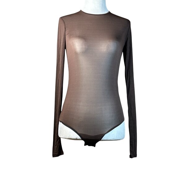 WARDROBE.NYC Sheer Bodysuit in Dark Brown Small New Womens Long Sleeve Top - Picture 6 of 14